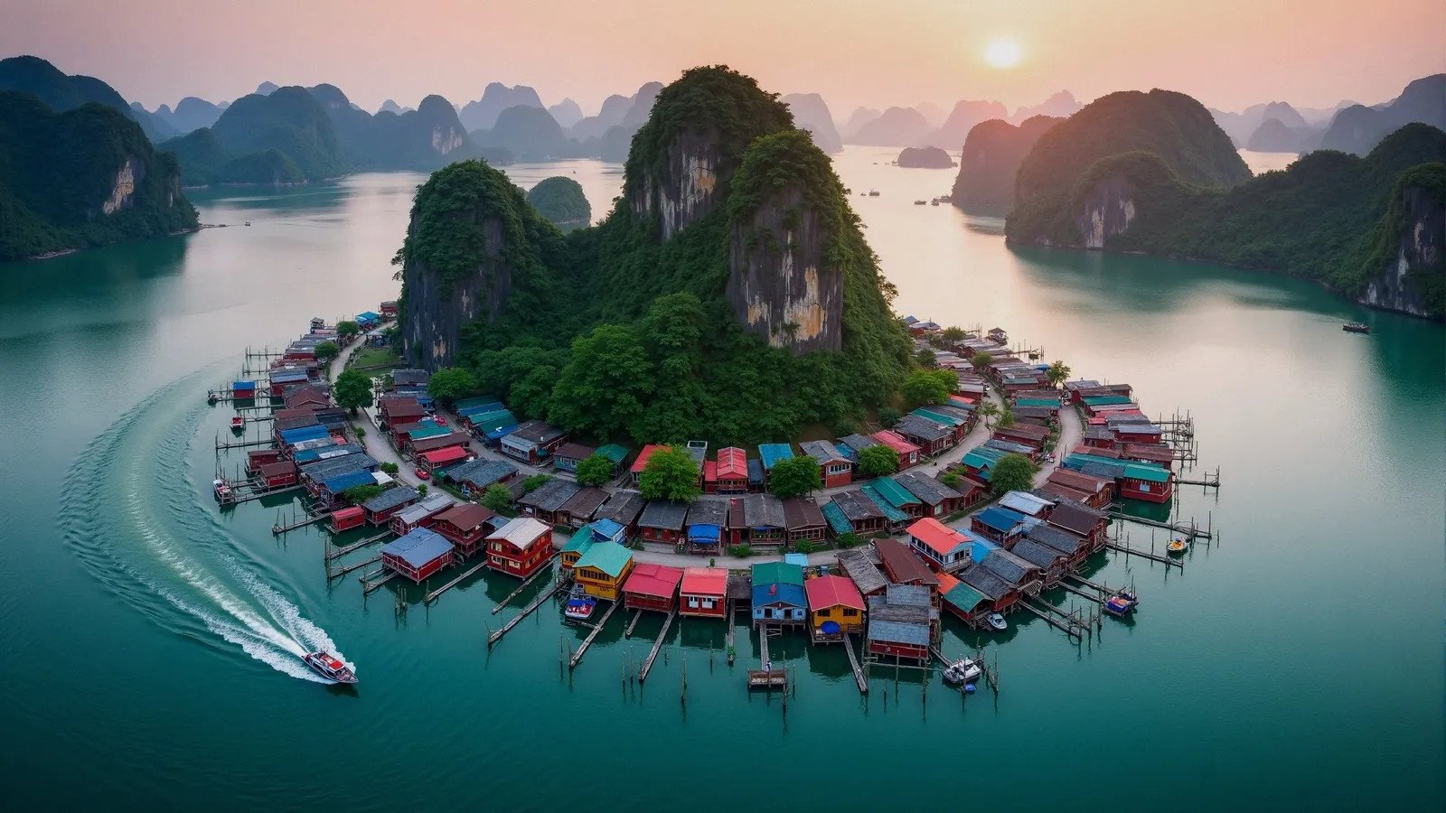 stunning-aerial-view-of-a-fishing-village-in-halong-bay-71026598